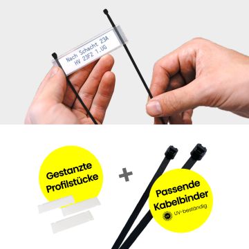 Netztech Schildprofil-Sets sind bestehend aus gestanzten Profilstücken und passenden Kabelbindern in UV-beständigem schwarz. | www.netztech.ch